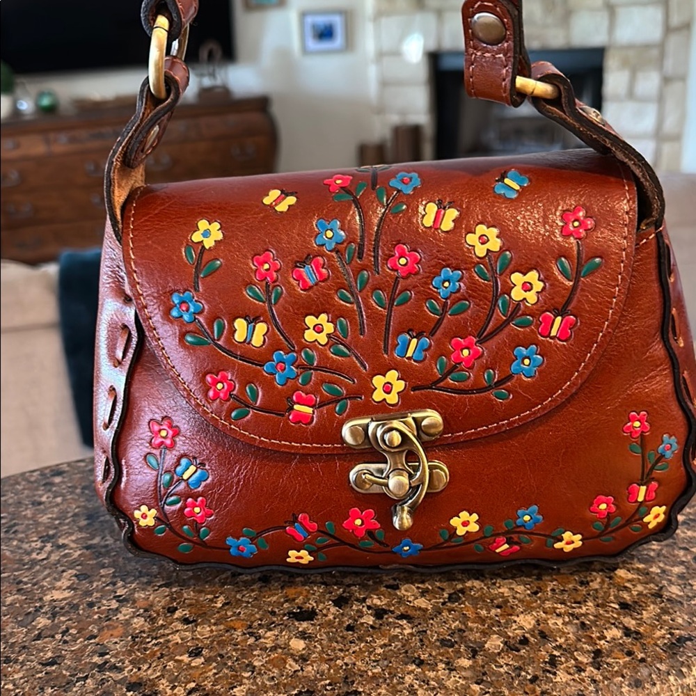 Patricia Nash Hand Painted & Tooled Brown Leather Bag With Whipp Stitching